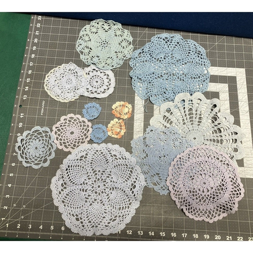 Crocheted Round Doilies Varies Design Varies Blues Peach Varies Sizes 2"-10"